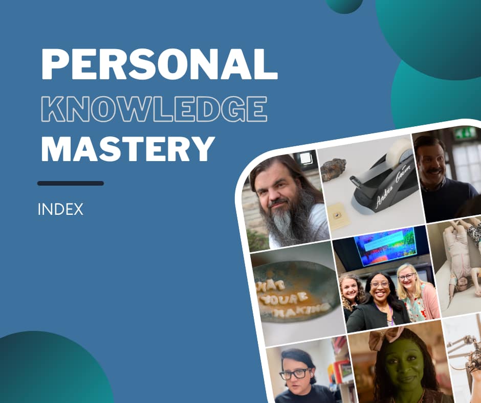 Personal Knowledge Mastery - Index Grid of various images that showed up as part of my PKMastery posts, including Bryan Alexander's headshot, Joan Westerberg's headshot, and a stapler