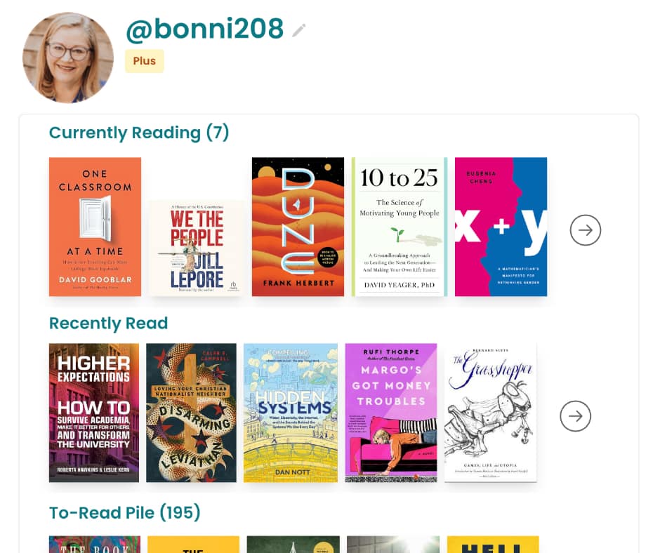 Screenshot of Bonni's StoryGraph currently reading, recently read, and to-be-read book covers