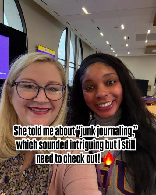Two women smile together. Caption reads: "She told me about junk journaling and I'm going to have to check it out."