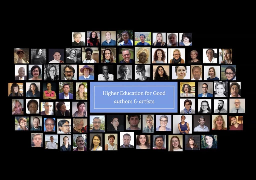 Photo collage of the authors & artists of Higher Ed for Good book