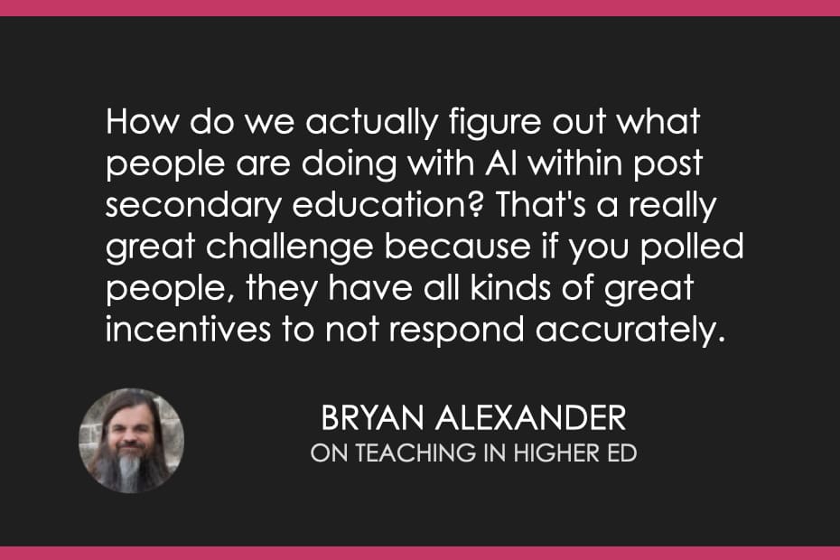"The problem of how do we actually figure out what people are doing with AI within post secondary education? That's a really great challenge because if you polled people, they have all kinds of great incentives to not respond accurately." - Bryan Alexander
