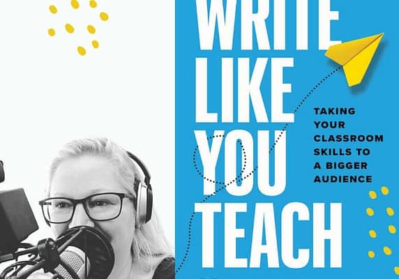 Bonni wearing headphones and talking into a podcast mic with the cover to James Lang's Write Like You Teach next to her